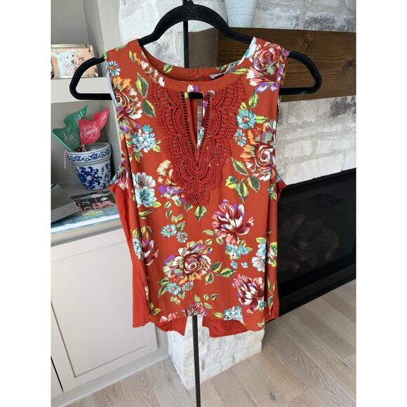 Daniel Rainn Women's Floral Burnt Orange Quin Keyhole Crochet Top Size Petite M - Picture 3 of 7